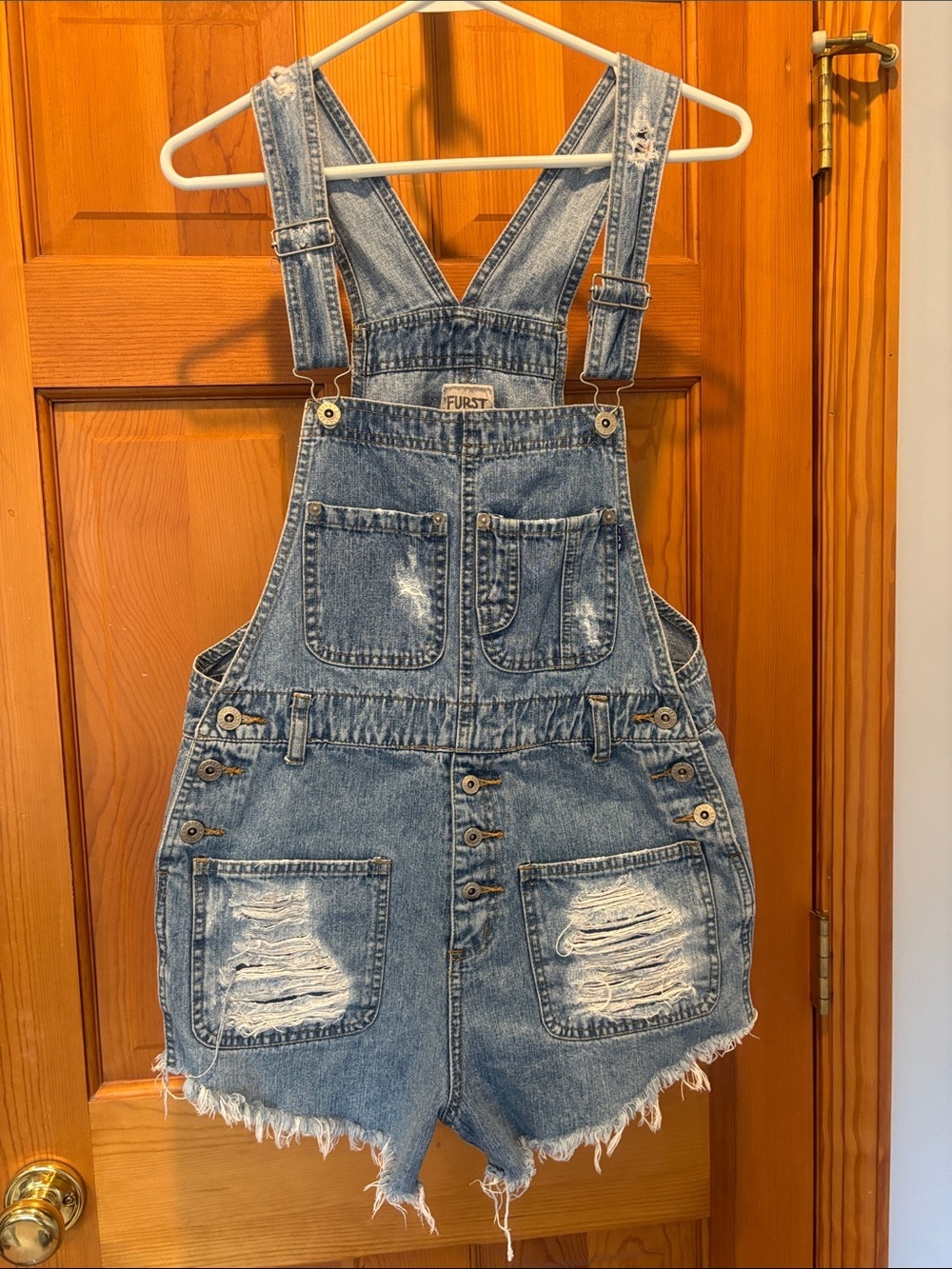 Furst of a Kind Distressed Denim Reworked Vintage Shortalls in Medium Wash OS